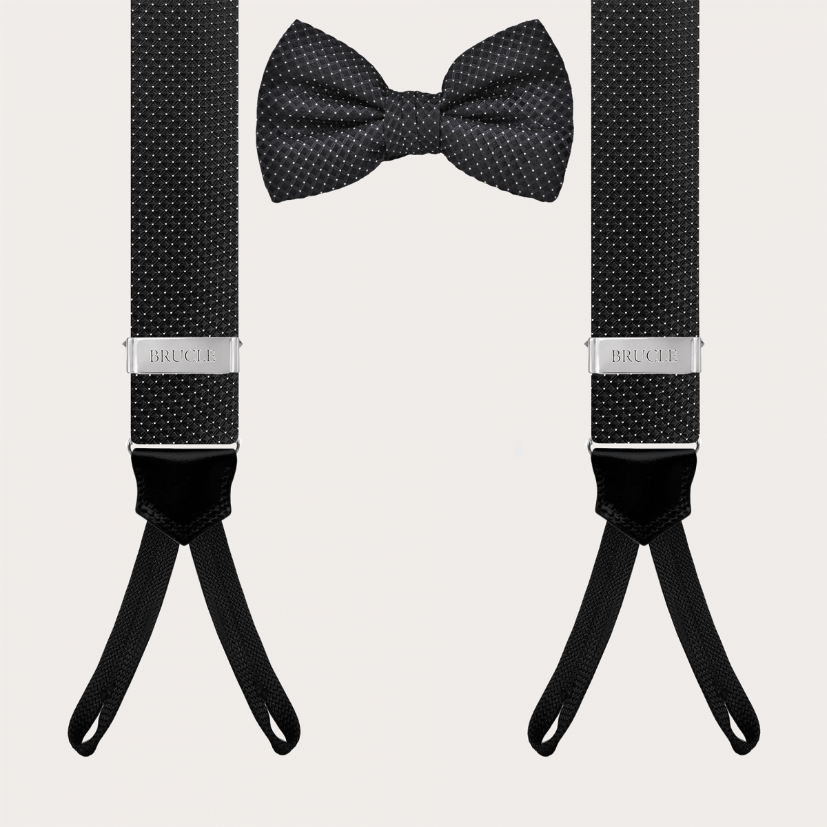 Black pin dot suspenders and bow tie set for buttons