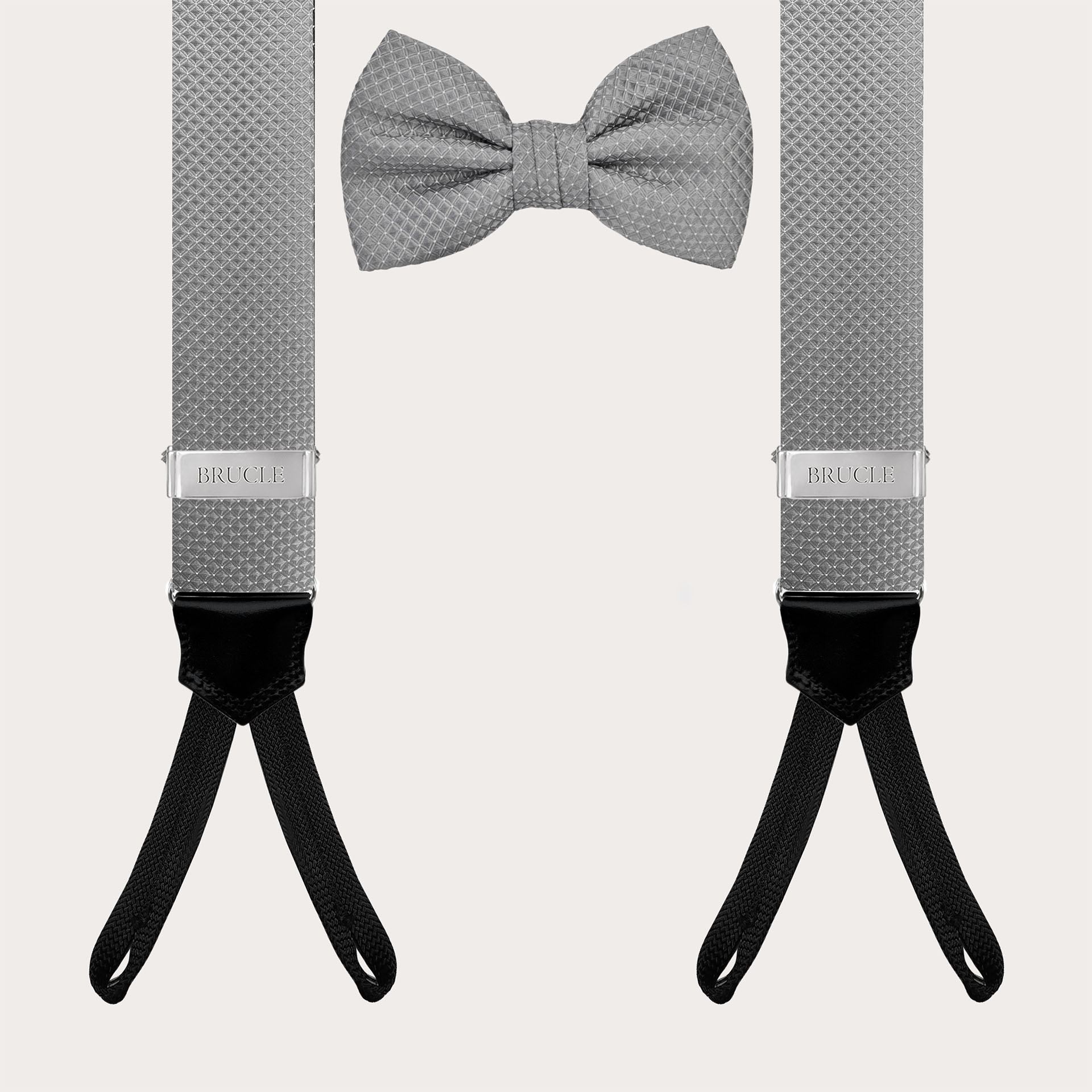 Pearl Gray Pin Dot Suspenders and Bow Tie Set for Buttons