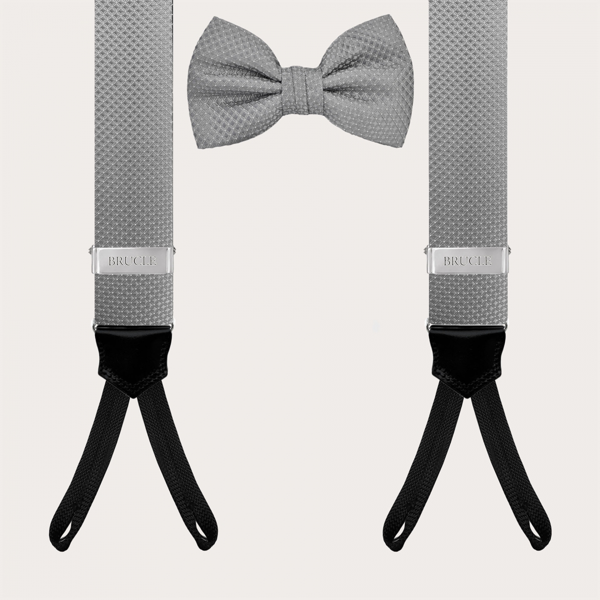 Pearl Gray Pin Dot Suspenders and Bow Tie Set for Buttons