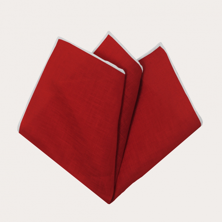 Red linen pocket square with white border