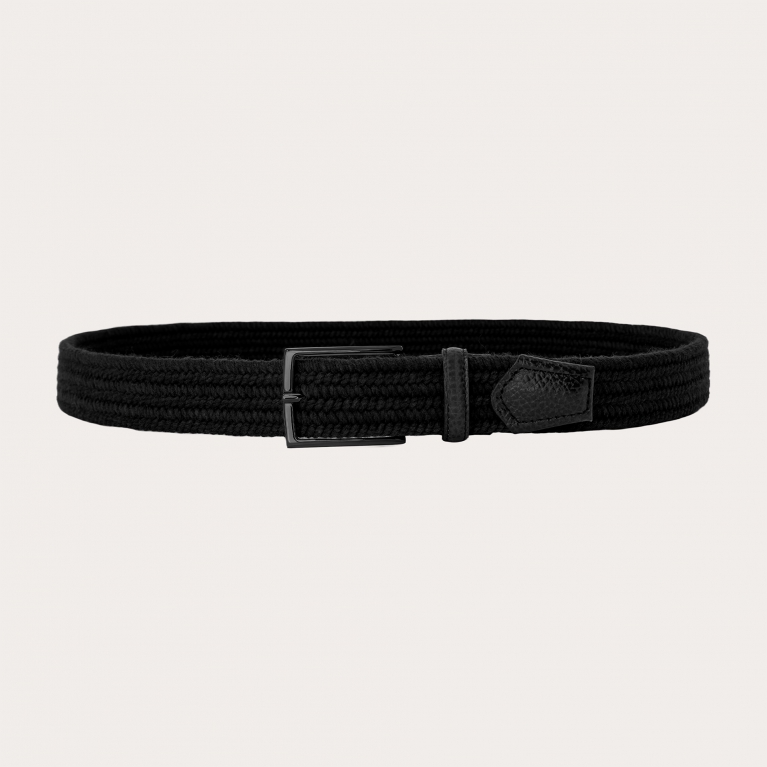 Black woven elastic wool belt with ruthenium buckle