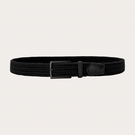 Black woven elastic wool belt with ruthenium buckle