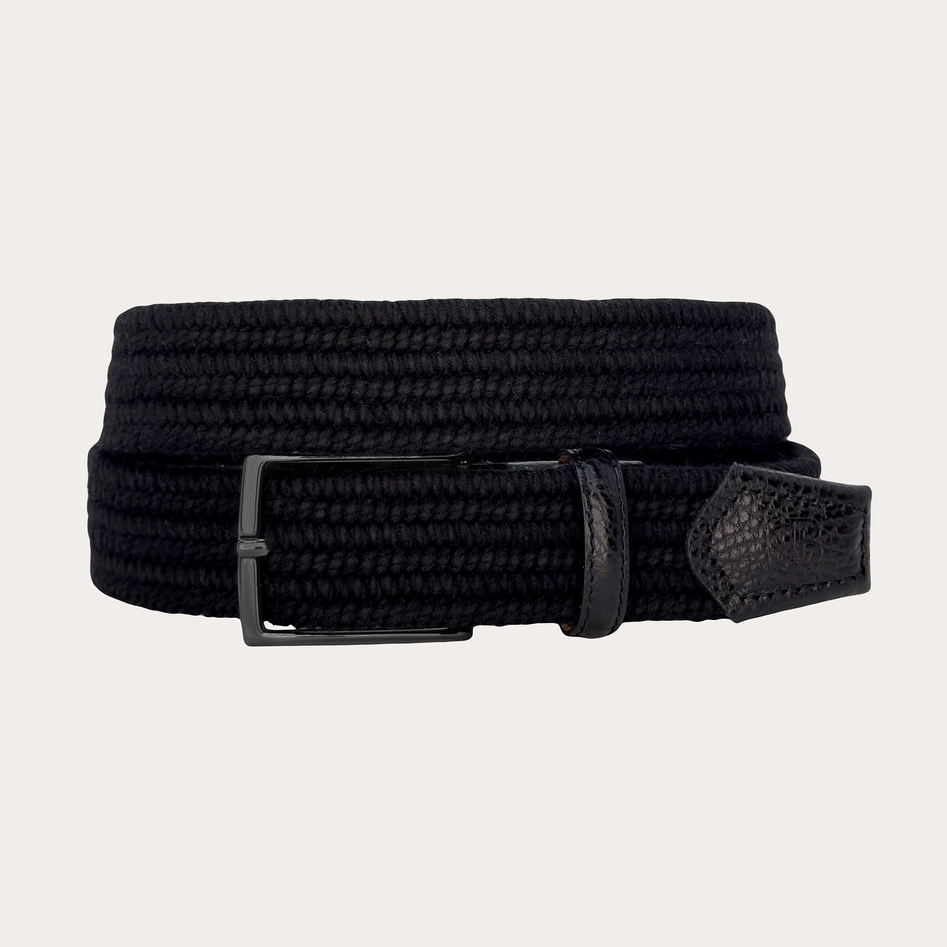 Black woven elastic wool belt with ruthenium buckle