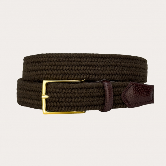 Brown elastic wool braided belt with gold buckle