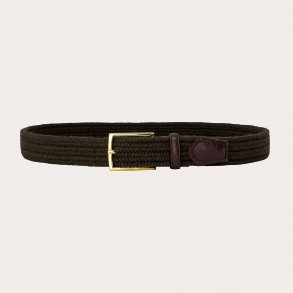 Brown elastic wool braided belt with gold buckle