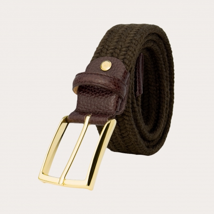 Brown elastic wool braided belt with gold buckle