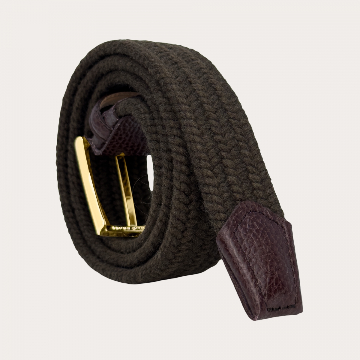 Brown elastic wool braided belt with gold buckle