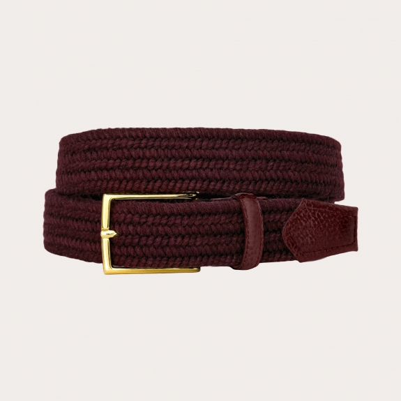 Burgundy elastic braided wool belt with gold buckle