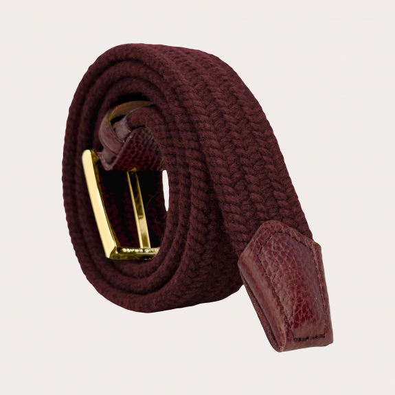 Burgundy elastic braided wool belt with gold buckle