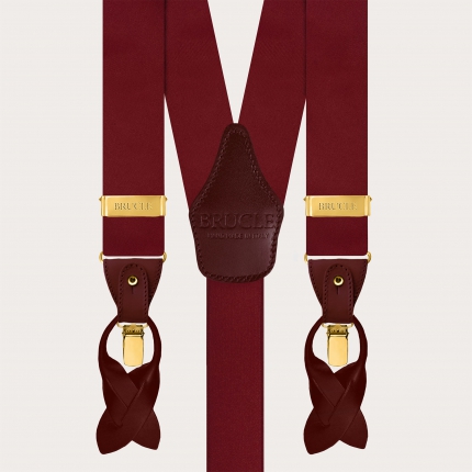 Men's bordeaux silk suspenders for buttons or gold clips