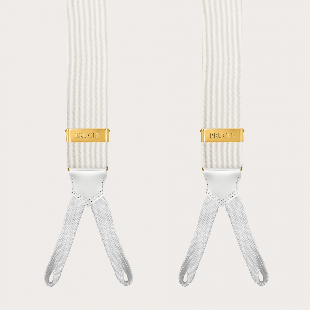 White silk suspenders with gold buttons or clips