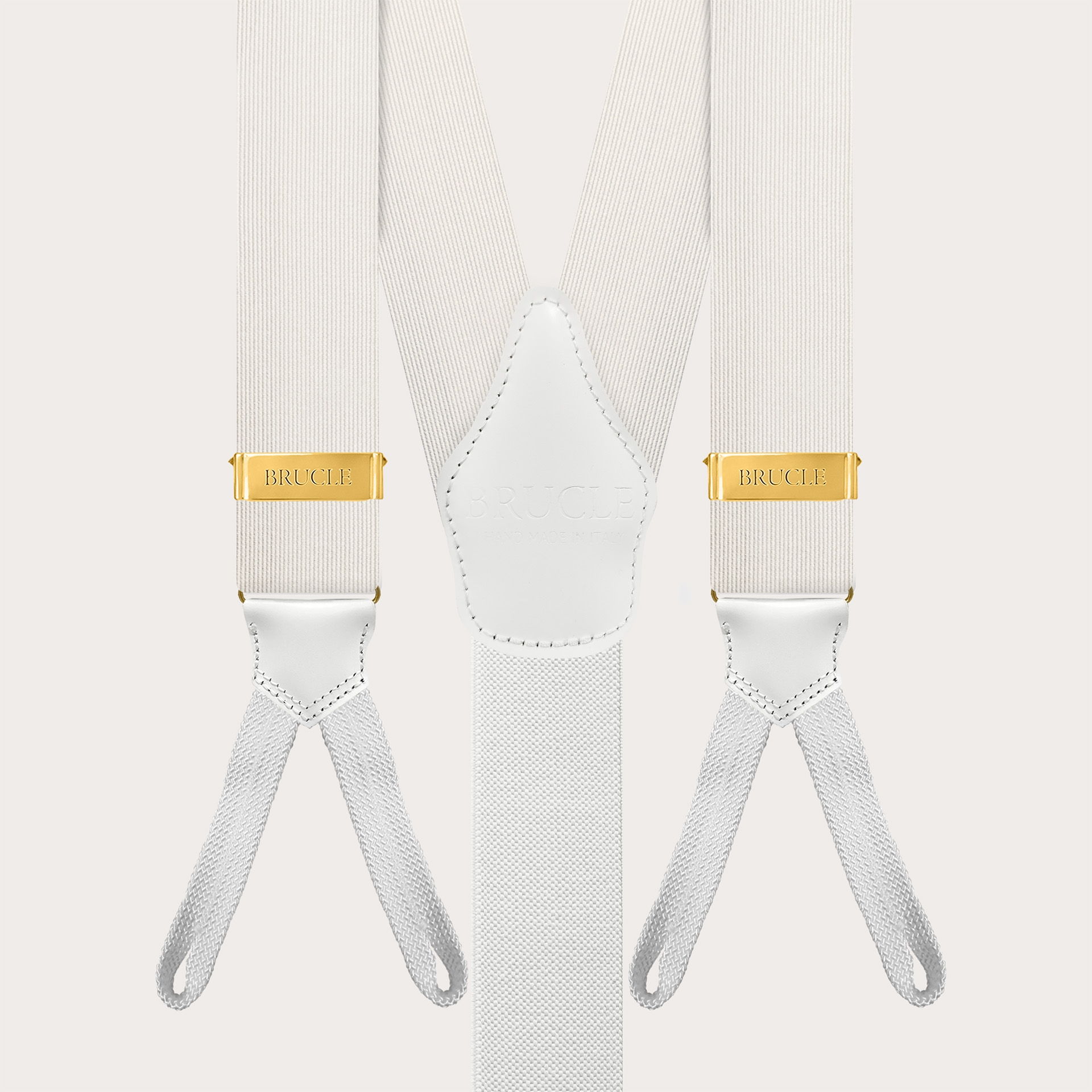 White silk suspenders with gold buttons or clips