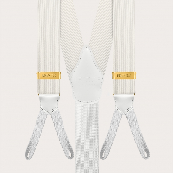 White silk suspenders with gold buttons or clips