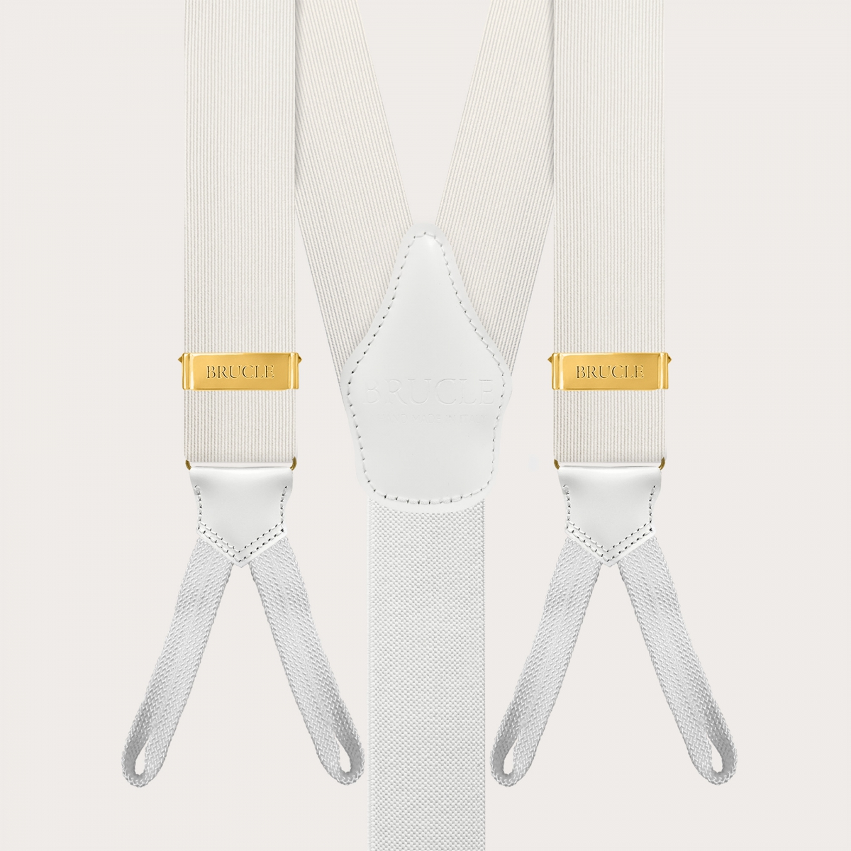 White silk suspenders with gold buttons or clips