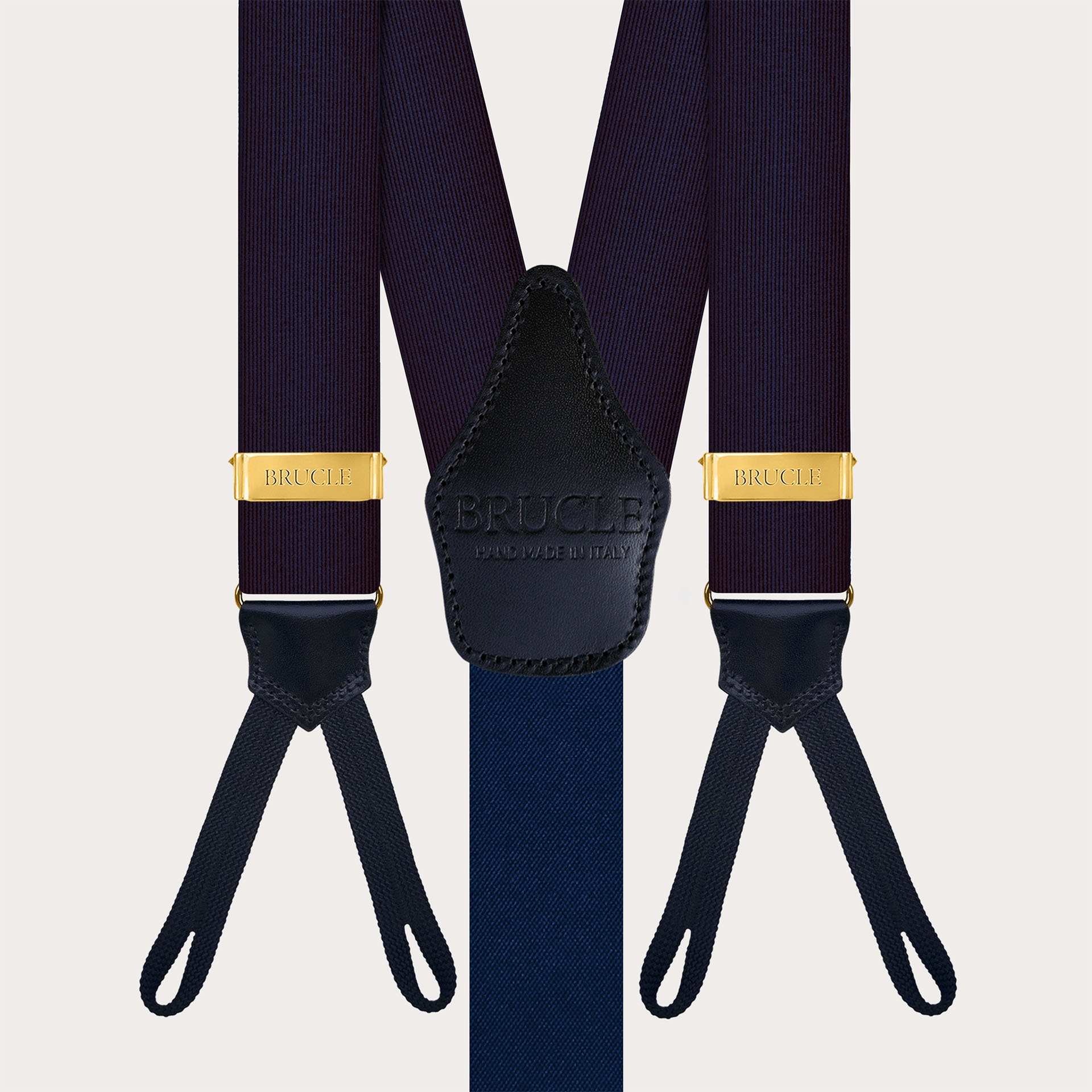 Blue Silk Suspenders with Gold Adjusters for Buttons