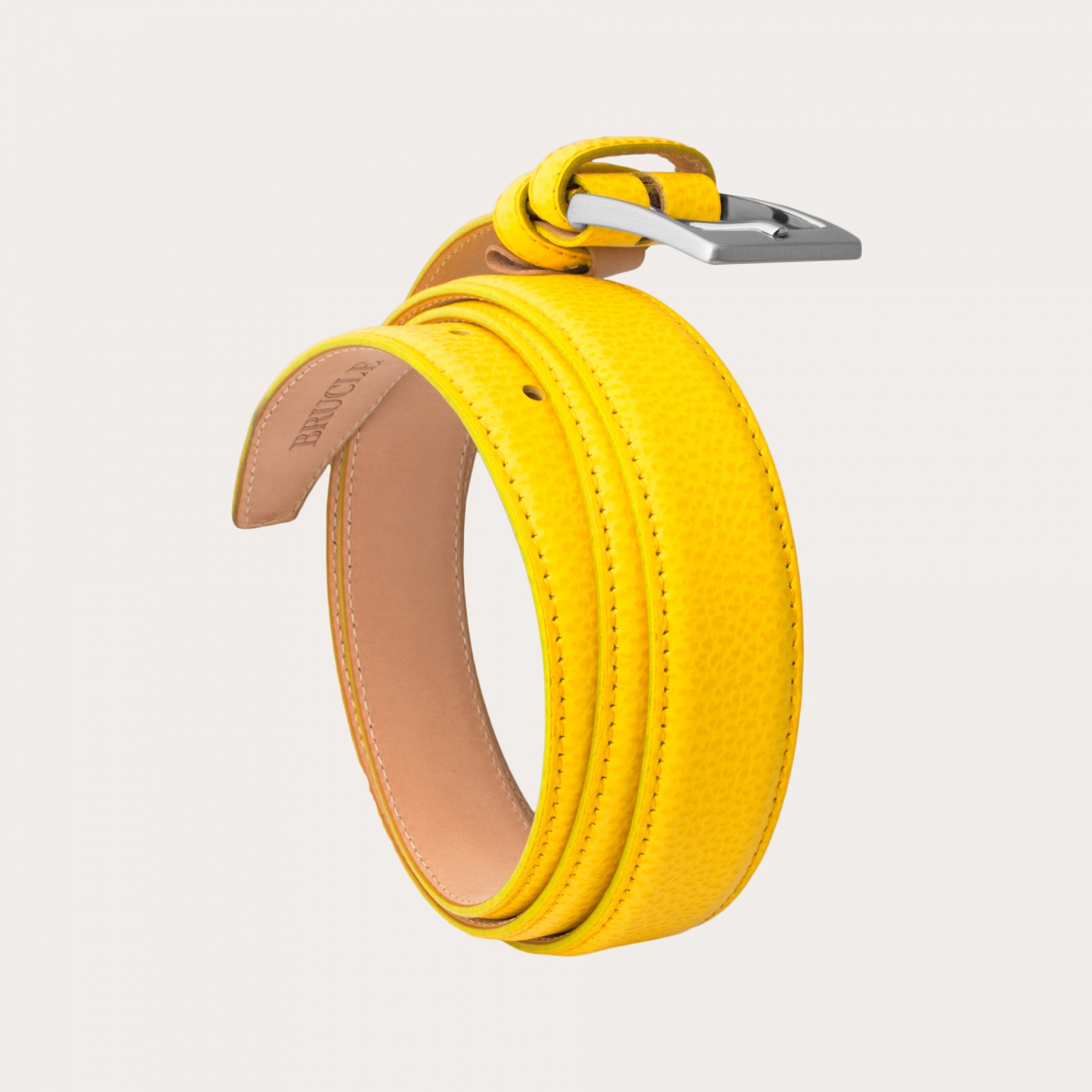 Extra-long yellow grained leather belt with nickel-free buckle