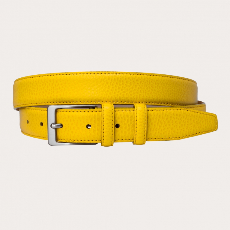 Extra-long yellow grained leather belt with nickel-free buckle