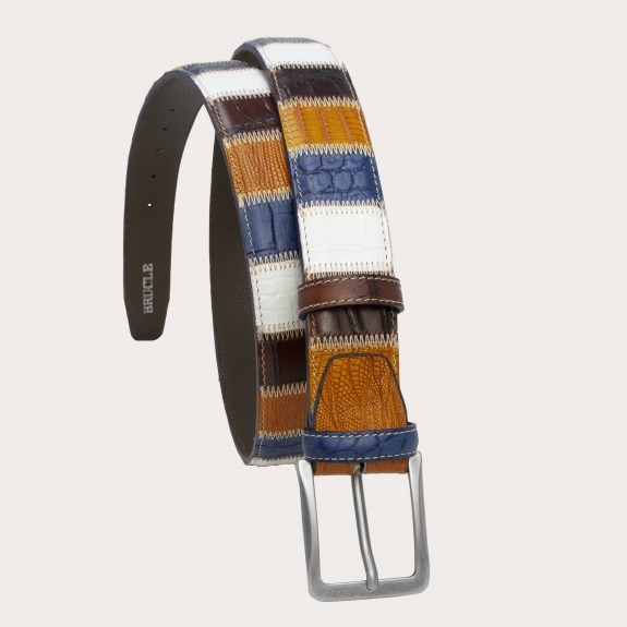 Extra-long multicolor patchwork belt in hand-painted leather