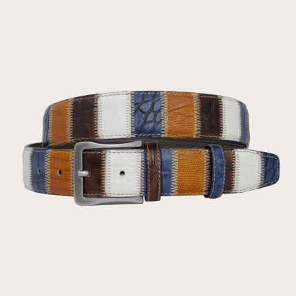 Extra-long multicolor patchwork belt in hand-painted leather