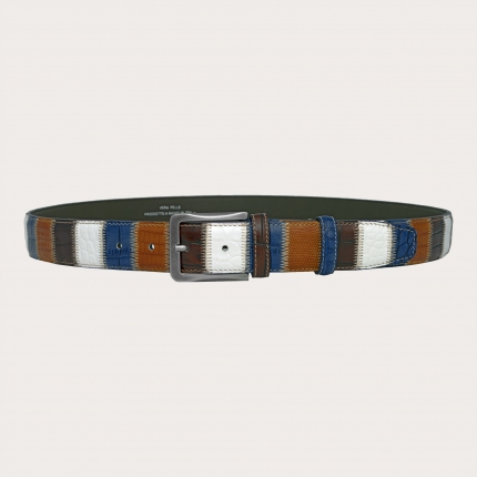 Extra-long multicolor patchwork belt in hand-painted leather