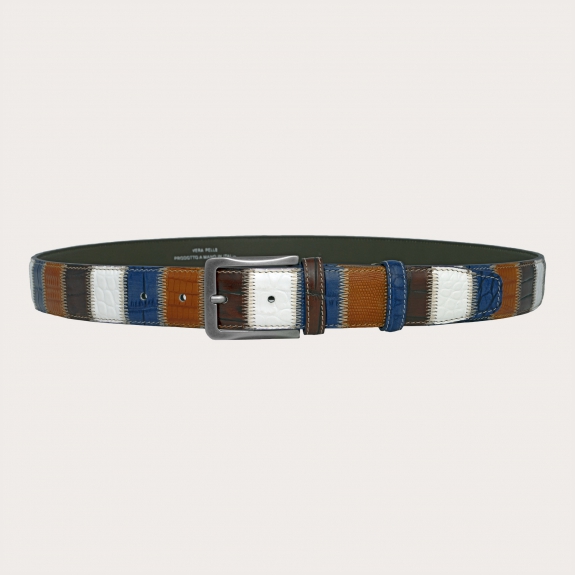 Extra-long multicolor patchwork belt in hand-painted leather