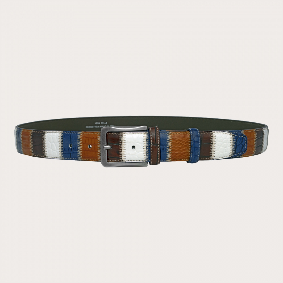 Extra-long multicolor patchwork belt in hand-painted leather