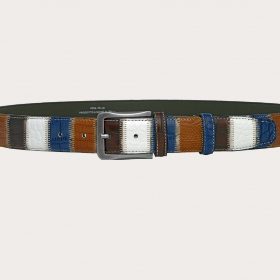 Extra-long multicolor patchwork belt in hand-painted leather