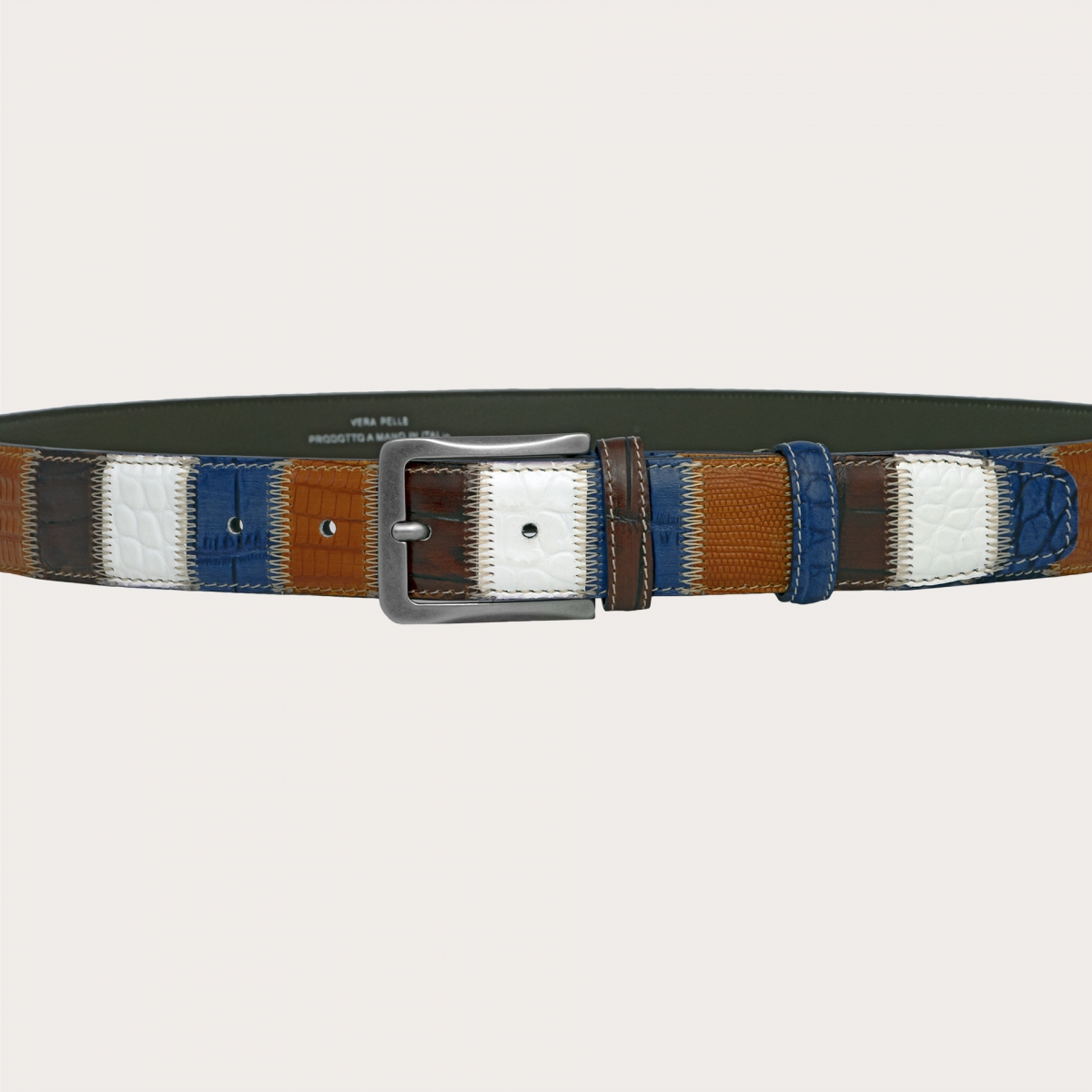 Extra-long multicolor patchwork belt in hand-painted leather