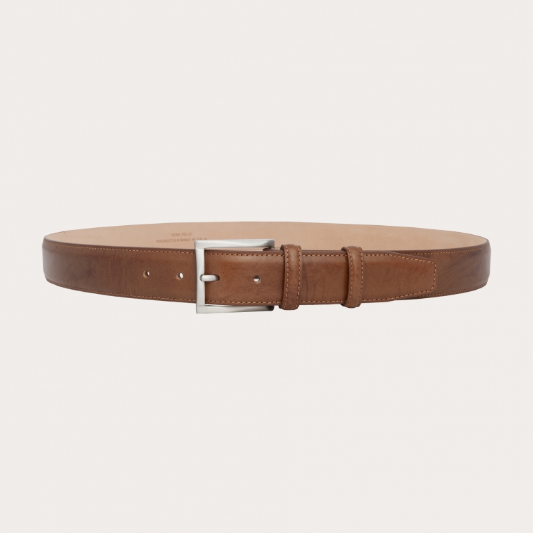 Extra-long cognac belt in hand-stained leather, nickel-free