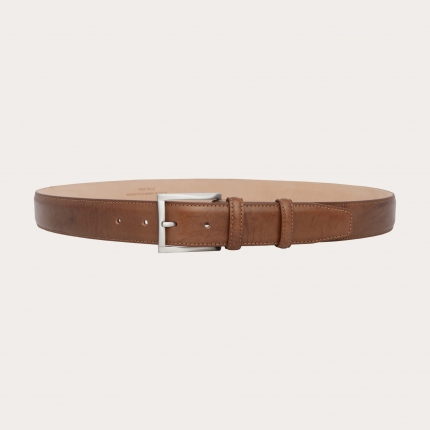 Extra-long cognac belt in hand-stained leather, nickel-free