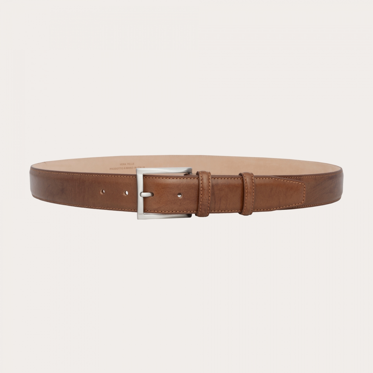 Extra-long cognac belt in hand-stained leather, nickel-free