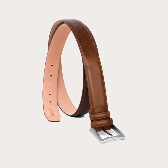 Extra-long cognac belt in hand-stained leather, nickel-free