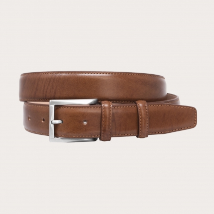 Extra-long cognac belt in hand-stained leather, nickel-free