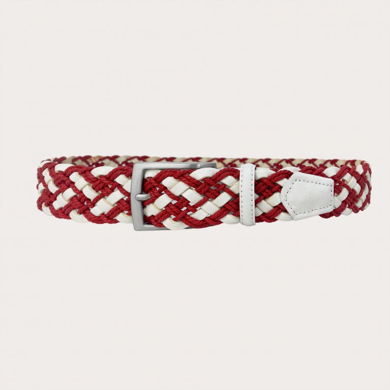 Extra-long red and white braided belt in leather and cotton