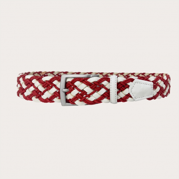 Extra-long red and white braided belt in leather and cotton