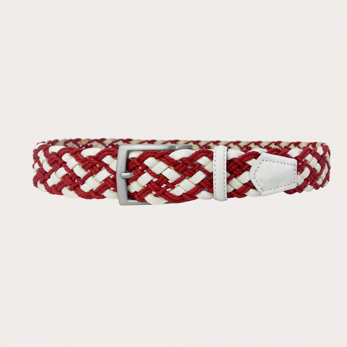 Ceinture tressée rouge et blanche extra longue en cuir et coton