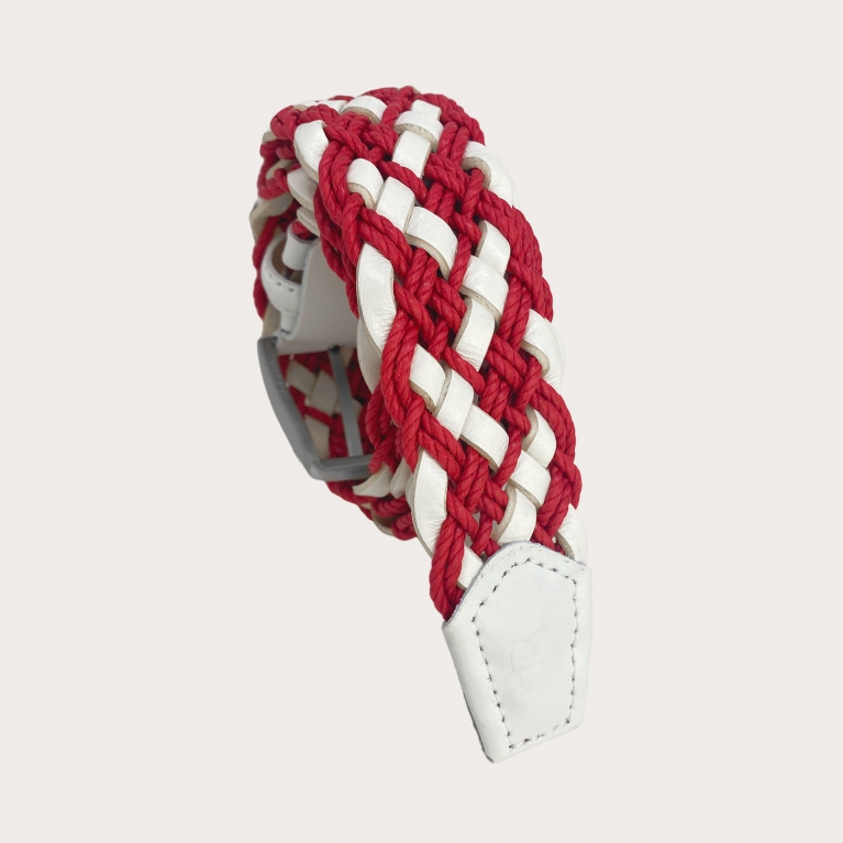 Extra-long red and white braided belt in leather and cotton