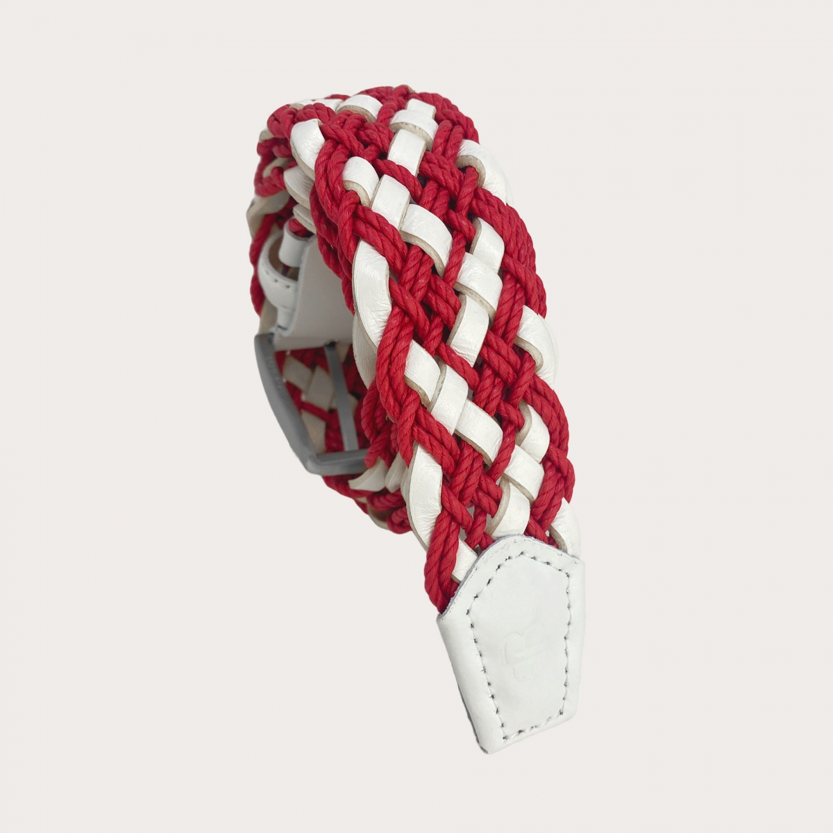 Ceinture tressée rouge et blanche extra longue en cuir et coton