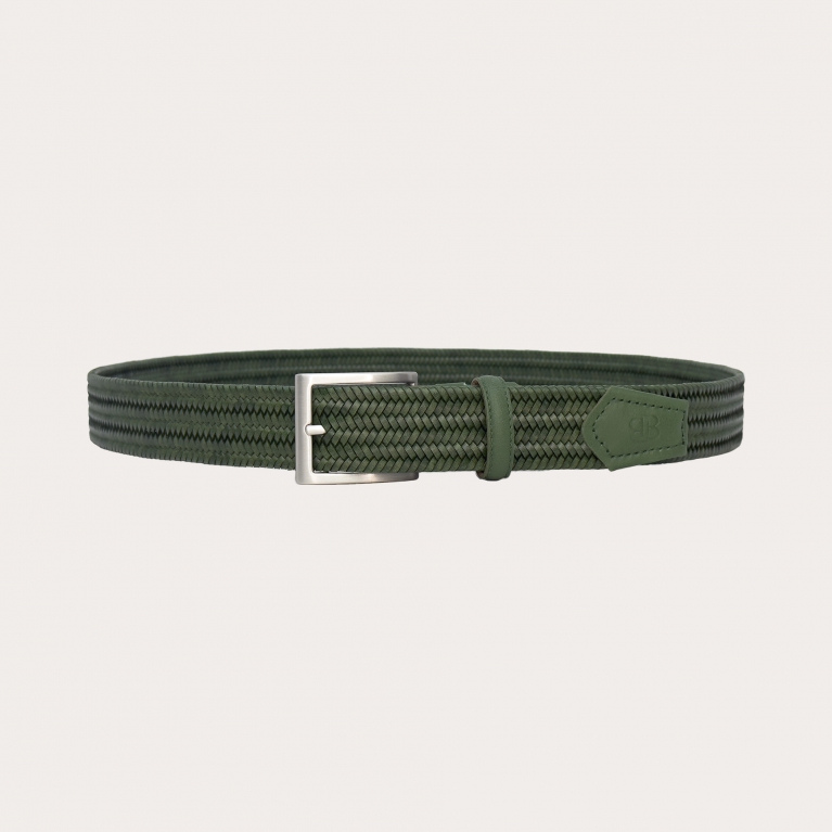 Extra-long green elastic braided belt in regenerated leather