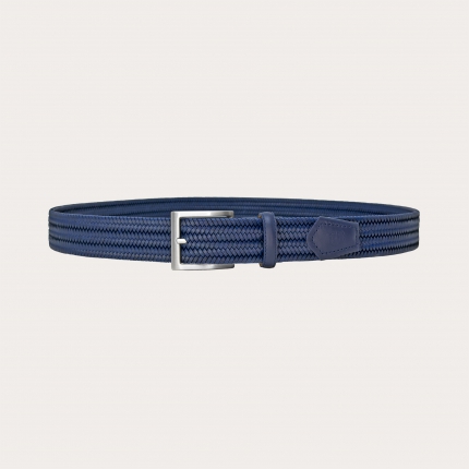 Extra long blue braided elastic belt in regenerated leather, nickel free