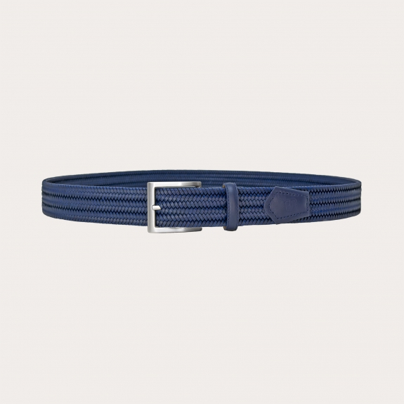 Extra long blue braided elastic belt in regenerated leather, nickel free