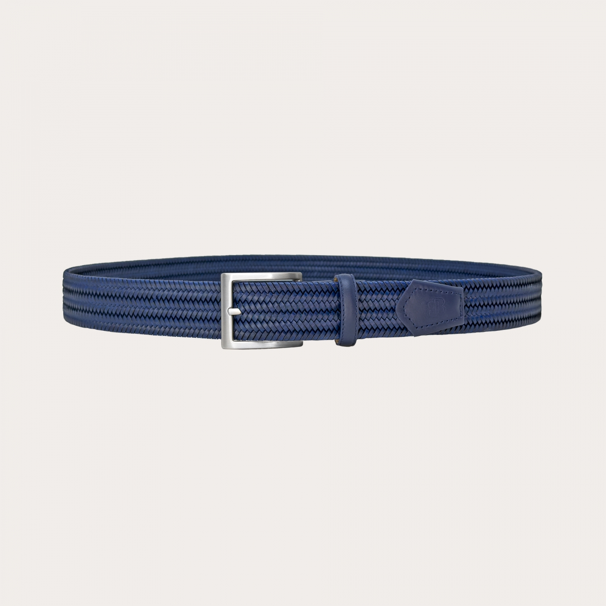 Extra long blue braided elastic belt in regenerated leather, nickel free