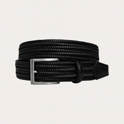 Extra long black braided elastic belt in regenerated leather