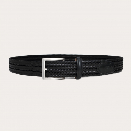 Extra long black braided elastic belt in regenerated leather