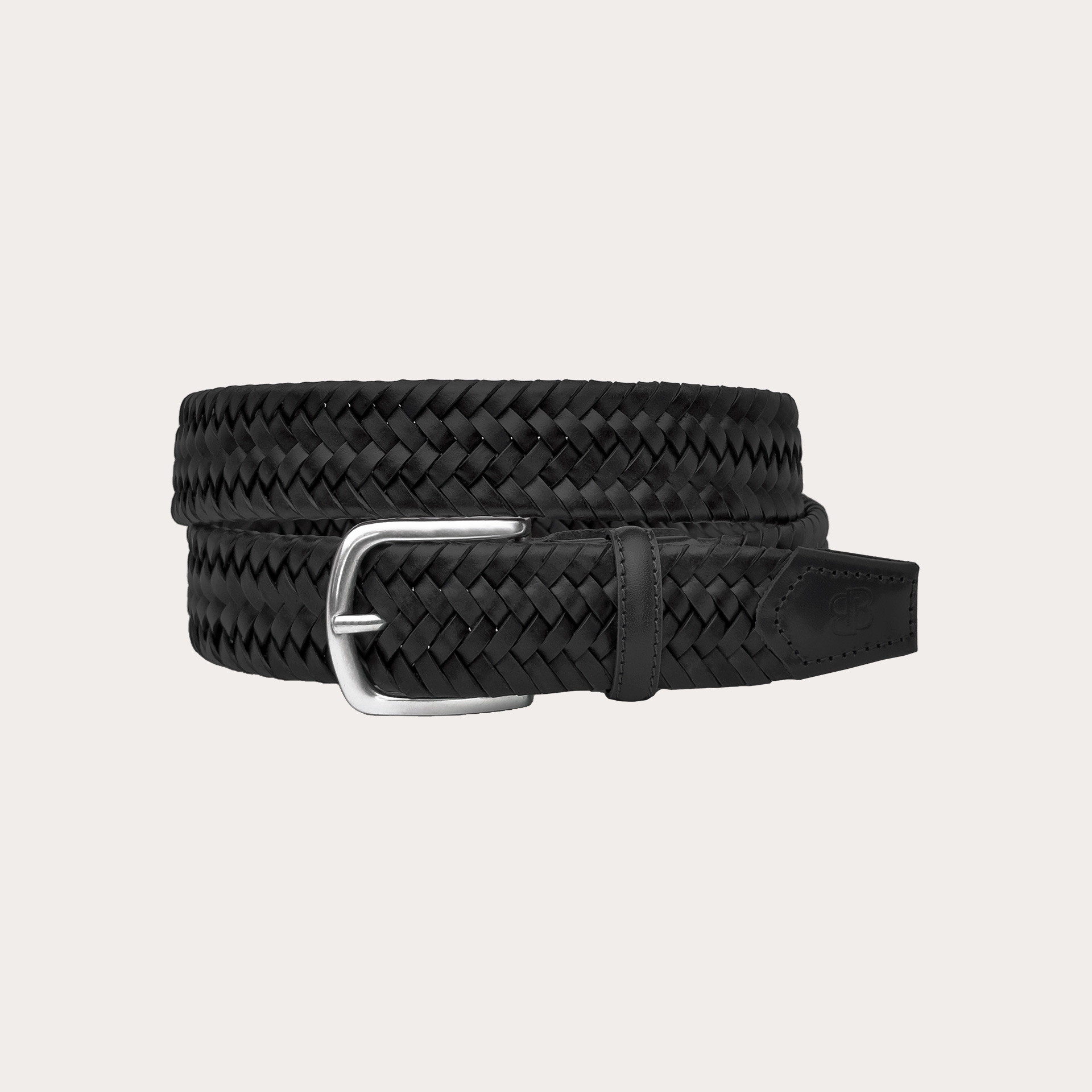 Extra-long black elastic braided leather belt, nickel-free