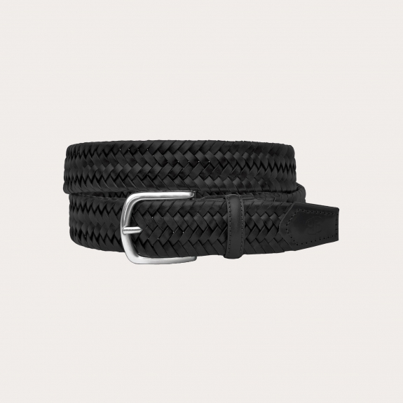 Extra-long black elastic braided leather belt, nickel-free