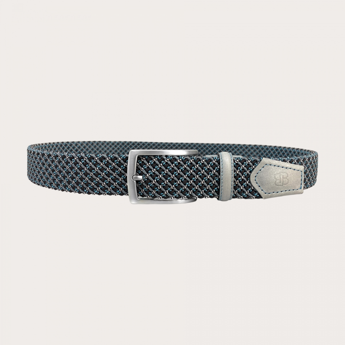 Extra-long elastic braided grey and light blue belt