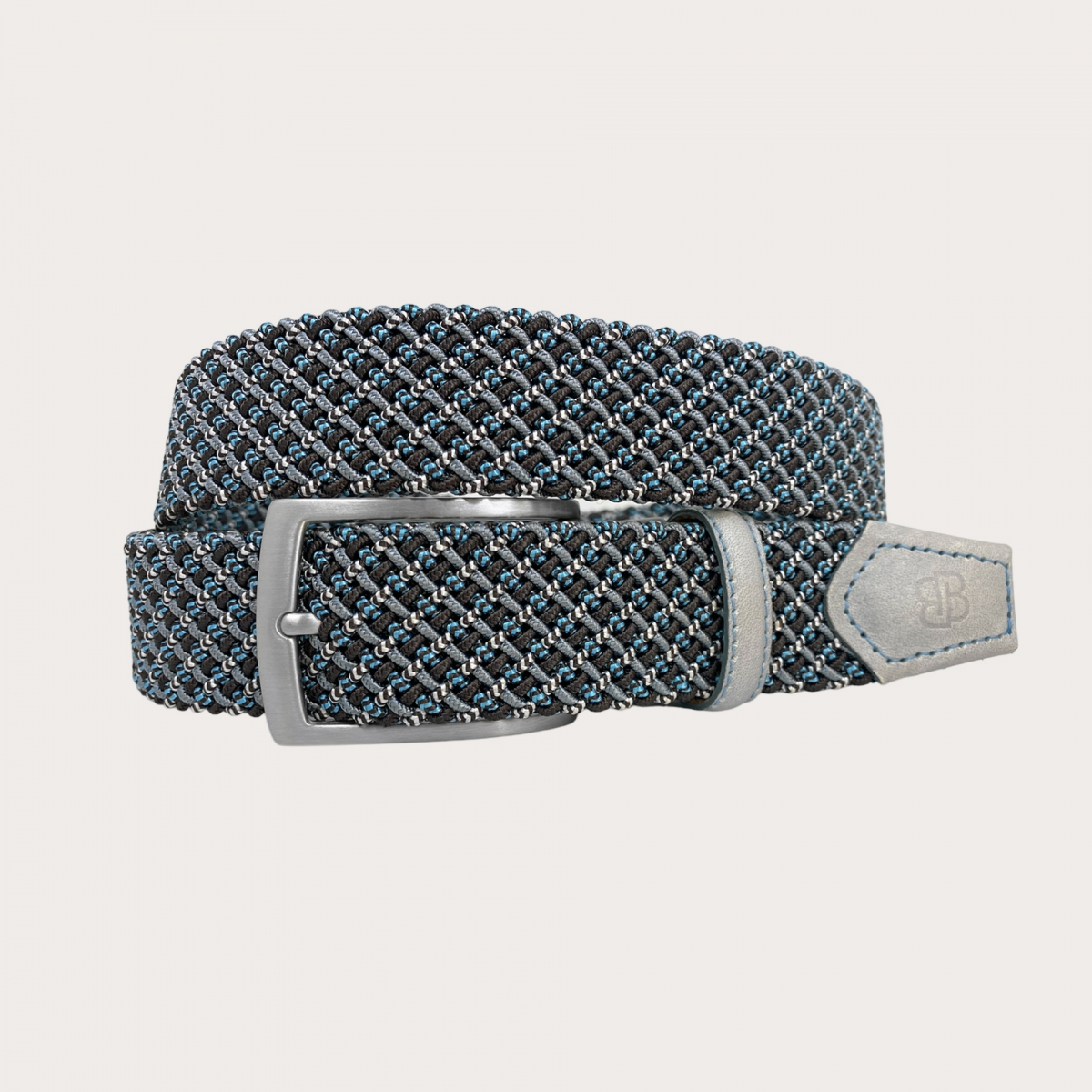 Extra-long elastic braided grey and light blue belt