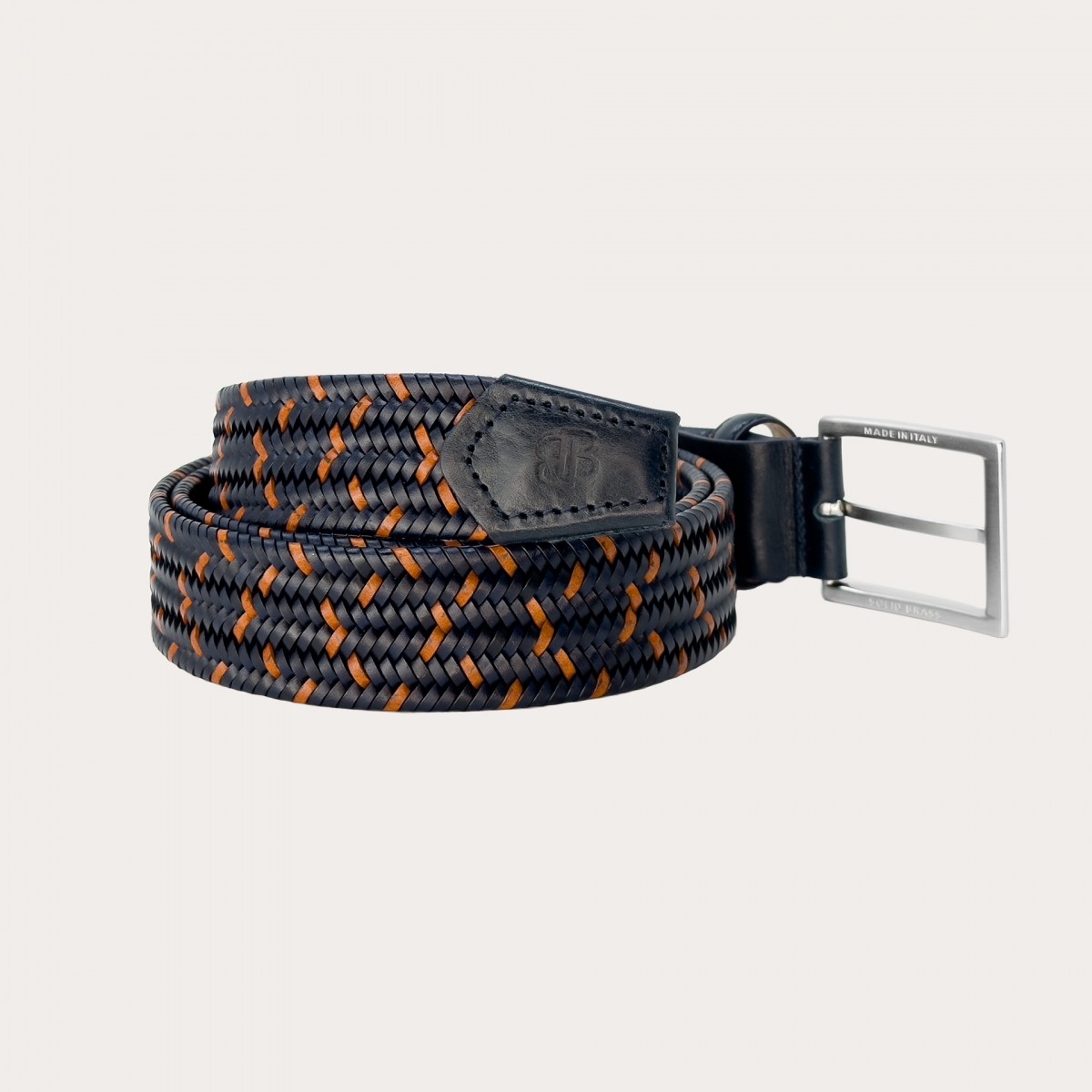 Extra-long elastic blue and cognac braided belt in regenerated leather