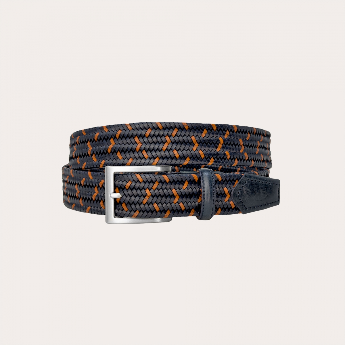 Extra-long elastic blue and cognac braided belt in regenerated leather